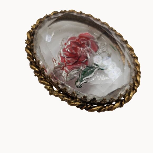 Vintage Gold-Toned Frame Clear Glass Red Handpainted Rose Brooch Fashion Jewelry - Picture 8 of 16